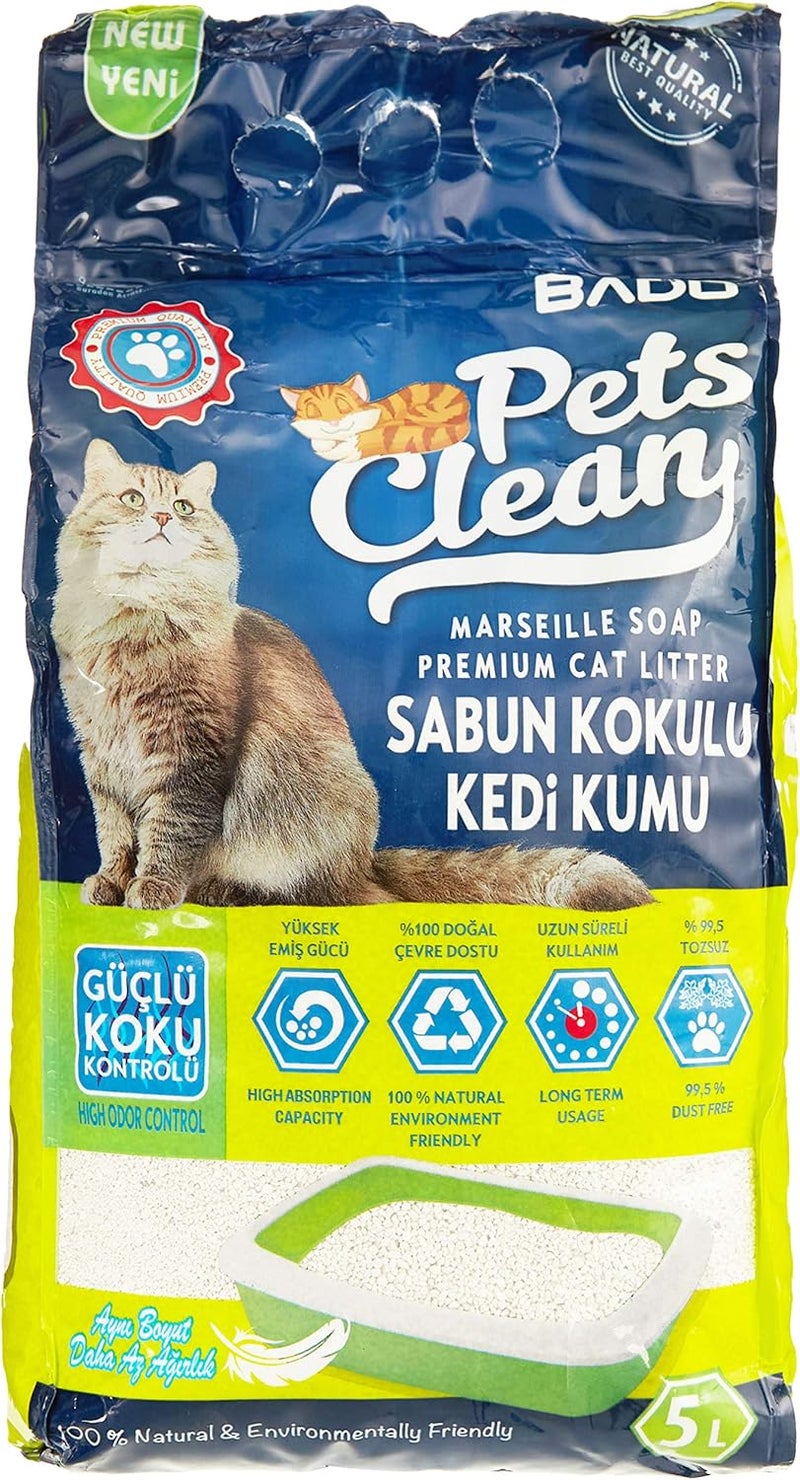 بادو سماد القطط Bado Pets Clean Premium – صابون مرسيليا، سعة 5 لترات: يتميز بتكتل سريع، والسيطرة على الروائح، وبقاء السماد جافًا لفترة طويلة. - Image 1