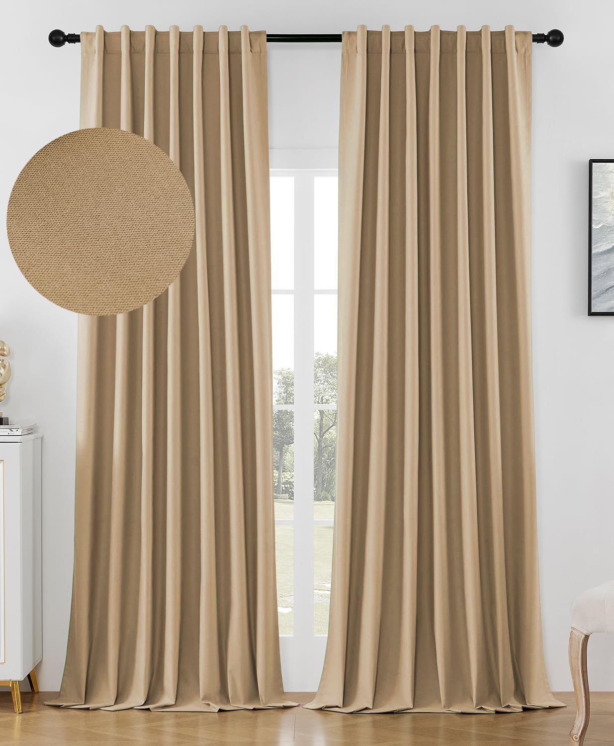 Joydeco Blackout Curtains for Bedroom 84 inch Length Back Tab/Rod Pocket 100% Blackout Living Room Drapes Textured Thermal Insulated Blackout Curtains 2 Panels Set 52"" W x 84"" L Beige