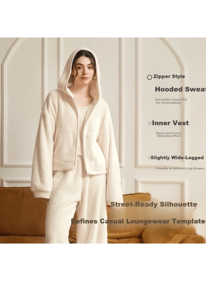 Luckmeey Plush Pajama Set 3-piece Autumn Women's Thickened Long Sleeve Anti-static Hooded Loungewear - Image 2