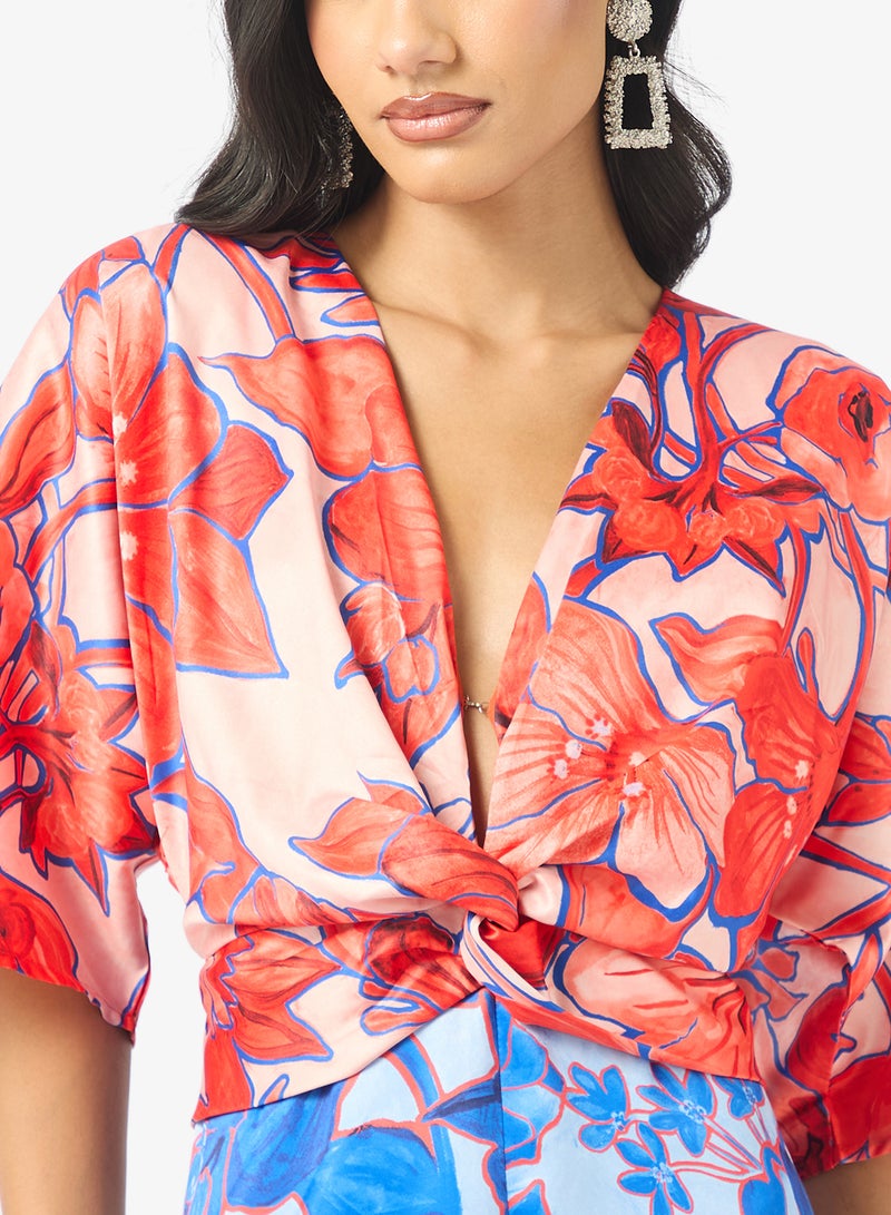 Hope & Ivy Front Knot Contrast Drape Sleeve Maxi Dress - Image 3