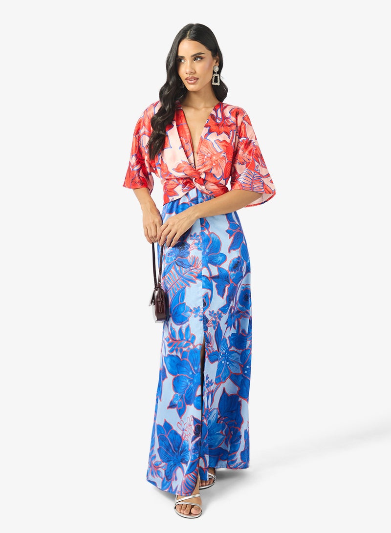 Hope & Ivy Front Knot Contrast Drape Sleeve Maxi Dress - Image 1