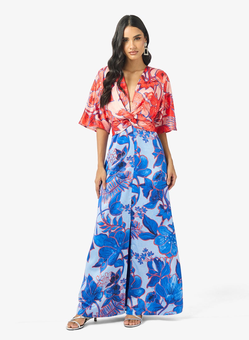 Hope & Ivy Front Knot Contrast Drape Sleeve Maxi Dress - Image 4