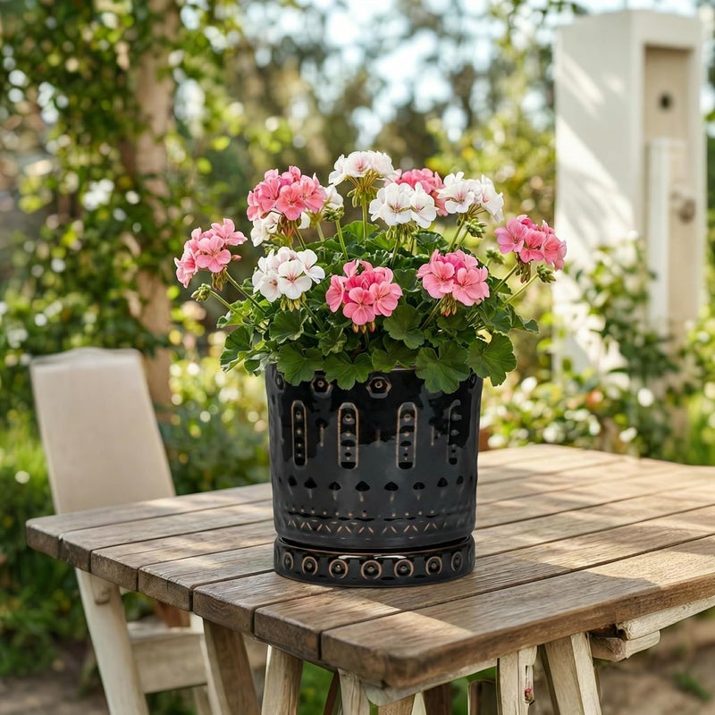Eightpot 8 Inch Ceramic Planter Pot Plant Pot with Drainage Hole and Saucer, Round Large Flower Pot for Indoor Plants Outdoor Garden Planter Pot, Glossy Black - Image 4