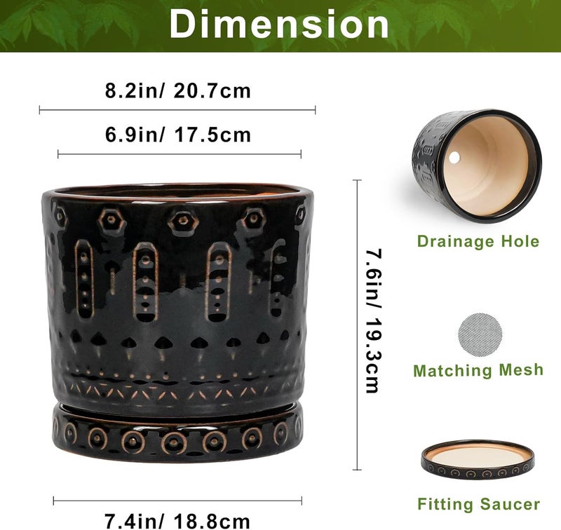 Eightpot 8 Inch Ceramic Planter Pot Plant Pot with Drainage Hole and Saucer, Round Large Flower Pot for Indoor Plants Outdoor Garden Planter Pot, Glossy Black - Image 2