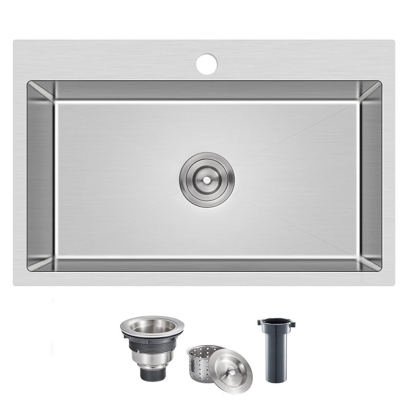 MENATT 28 Inch Dropin Kitchen Sink 304 Stainless Steel Topmount Handmade Kitchen Sink Single Bowl Workstation Sink with Drain Kit Brushed 28x18x9