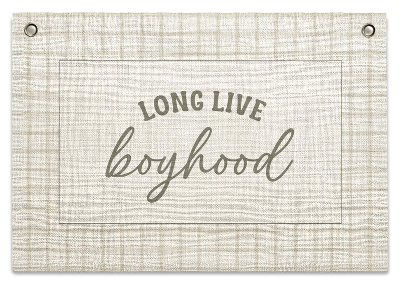 RBAFAO Long Live Boyhood Banner â€“ Boy Room Decor Linen Banner Hanging Flag Retro Pink for Nursery Playroom Wall Art Decor for Kids Bedroom Dorm Toddler Decorations (Green Plaid1) - Image 1