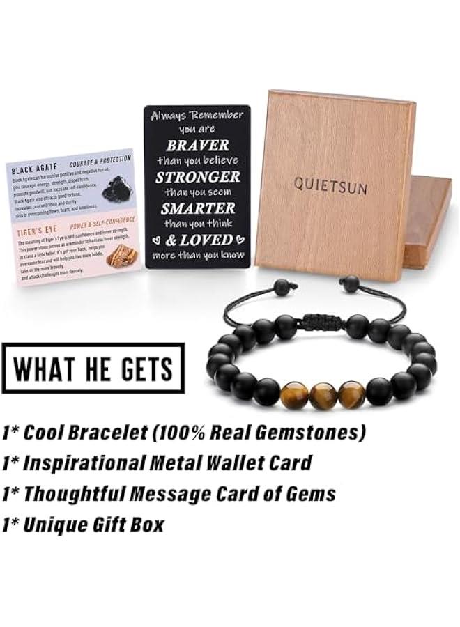Arabest Cool Gifts for Teen Boys/Men-Natural Gemstone Bracelet with Meaningful Metal Wallet Card in Gift Box - Image 2