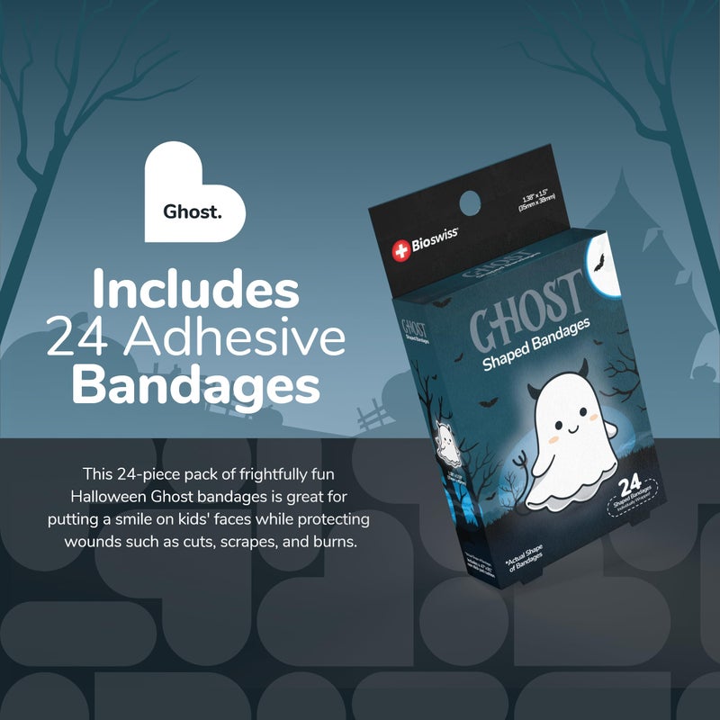 BioSwiss Bandages, Halloween Ghost Shaped Self Adhesive Bandage Set, Latex Free, Sterile Wound Care, 24 Count - Image 2