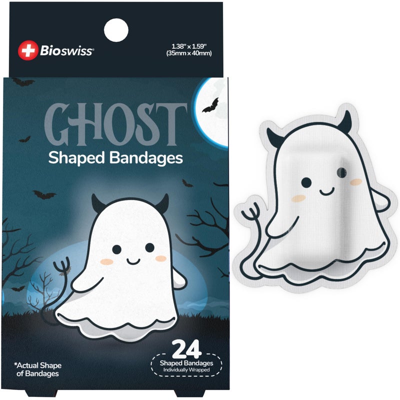BioSwiss Bandages, Halloween Ghost Shaped Self Adhesive Bandage Set, Latex Free, Sterile Wound Care, 24 Count - Image 1