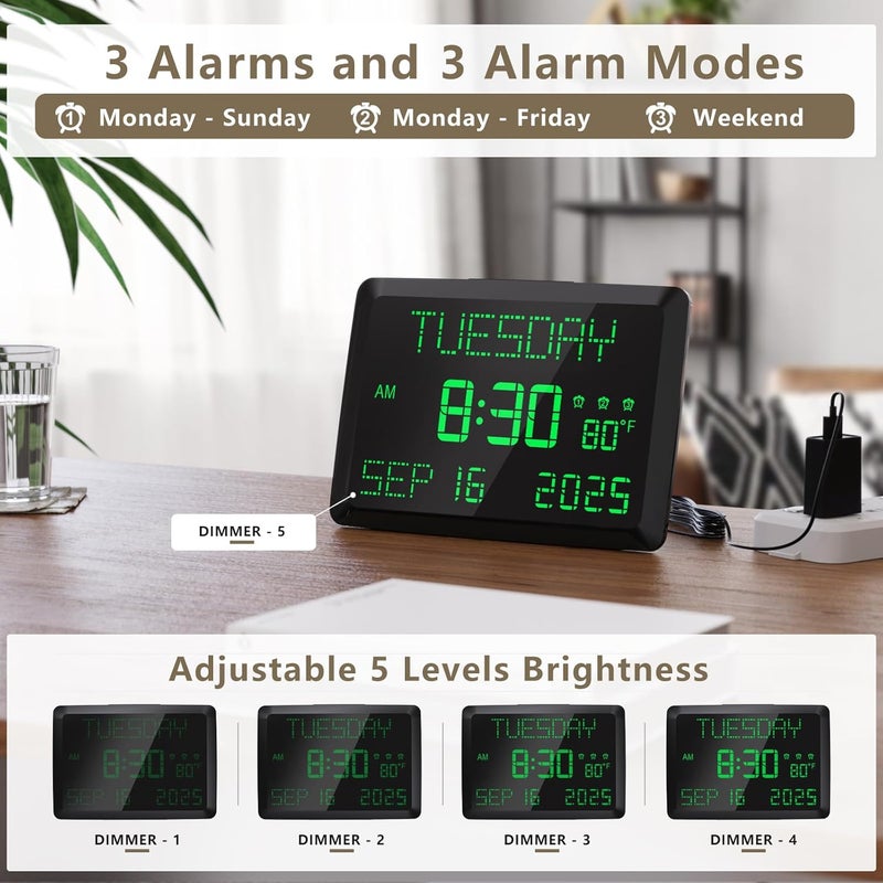 Raynic Day Clock, 11.5" Large Display Calendar Clock with Day and Date, Indoor Temperature, Adjustable Brightness, Snooze,12/24H, DST for Home, Office, Elderly - Image 4