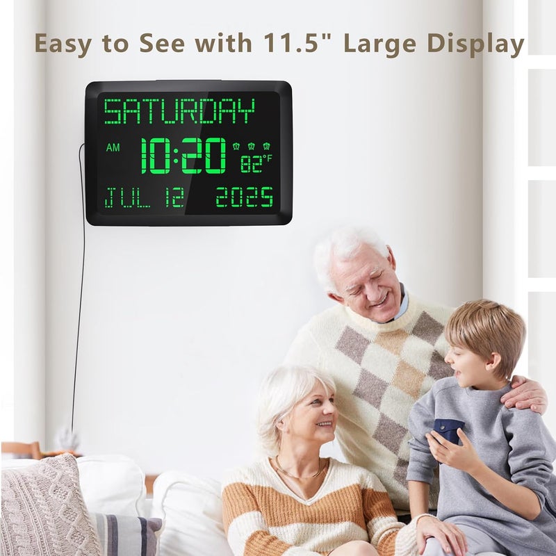Raynic Day Clock, 11.5" Large Display Calendar Clock with Day and Date, Indoor Temperature, Adjustable Brightness, Snooze,12/24H, DST for Home, Office, Elderly - Image 3
