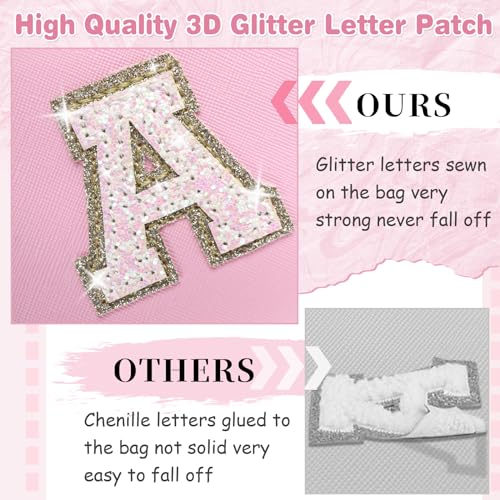 ChaoGreat Small Personalized Initial A-Z Patch Makeup Bag,Pink Cute PU Leather Glitter Letter Cosmetic Bag for Teen Girls,Travel Toiletry Bag with Zipper,Preppy Monogrammed Birthday Gift for Daughter Niece H - Image 3