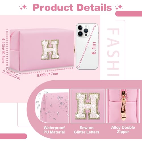 ChaoGreat Small Personalized Initial A-Z Patch Makeup Bag,Pink Cute PU Leather Glitter Letter Cosmetic Bag for Teen Girls,Travel Toiletry Bag with Zipper,Preppy Monogrammed Birthday Gift for Daughter Niece H - Image 2
