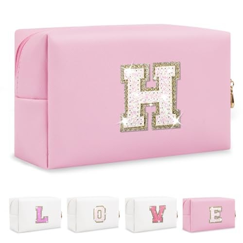 ChaoGreat Small Personalized Initial A-Z Patch Makeup Bag,Pink Cute PU Leather Glitter Letter Cosmetic Bag for Teen Girls,Travel Toiletry Bag with Zipper,Preppy Monogrammed Birthday Gift for Daughter Niece H - Image 1
