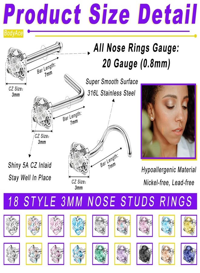 BodyAce 18pcs Stainless Steel Nose Studs Rings, 20 Gauge L Shaped stud Nose Rings for Women, Mix Colors 3mm Diamond CZ Nostril Nose Piercing Jewelry (A:Screw) - Image 2