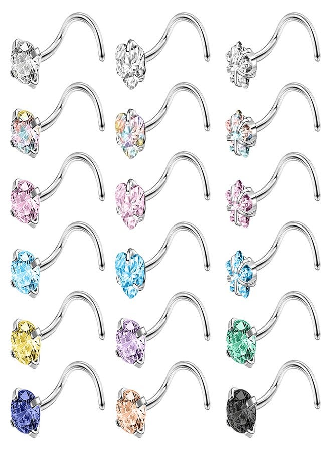 BodyAce 18pcs Stainless Steel Nose Studs Rings, 20 Gauge L Shaped stud Nose Rings for Women, Mix Colors 3mm Diamond CZ Nostril Nose Piercing Jewelry (A:Screw) - Image 1