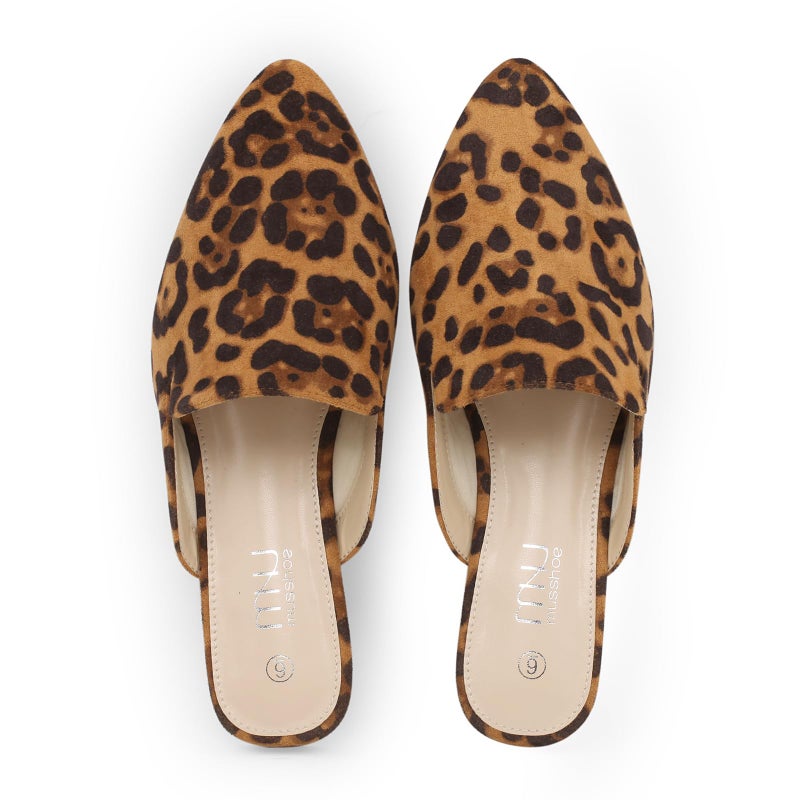 MUSSHOE Pointed Toe Mules for Women: Comfortable Slip On Flats with Soft Memory Foam - Non-Slip Lightweight Backless Loafers for Office Work & Business Casual,Leopard Suede 8 - Image 1
