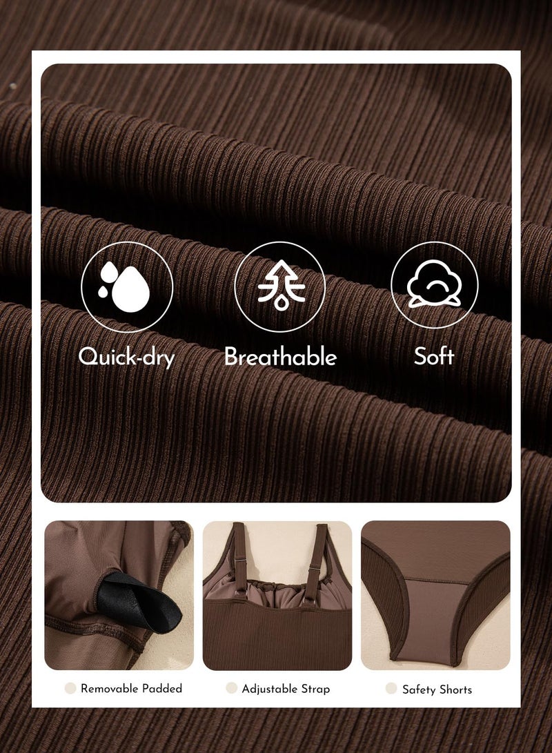 Aleumdr Women 2026 Fashion Drawstring Knot One Piece Swimsuits Tummy Control Swimwear Textured Bathing Suit Retro Bathing Suit Coffee Medium - Image 5