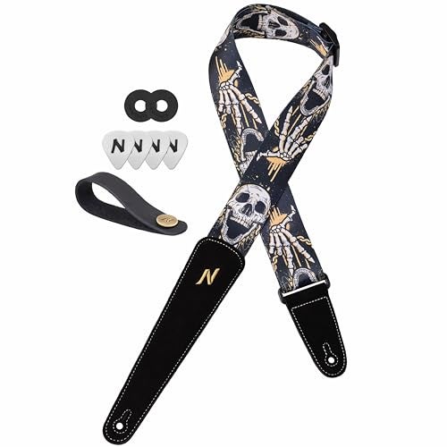 Nefelibata Guitar Strap Skulls, 2 Inch Guitar Straps with Extended Soft Black Suede Leather End for Acoustic Guitar, Electric Guitar, Bass, Gift for Guitarists - Image 1