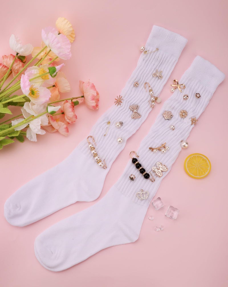 Yawlsow 60 Pcs Charms for Socks Shoe, Gold Brooches and Pins for Women, DIY Junk Sock Jewelry Pearl Brooch Shoe Charms Kit for Clothes Sneakers Bulk Bling Button Pins for Hat Scarf Decoration - Image 4