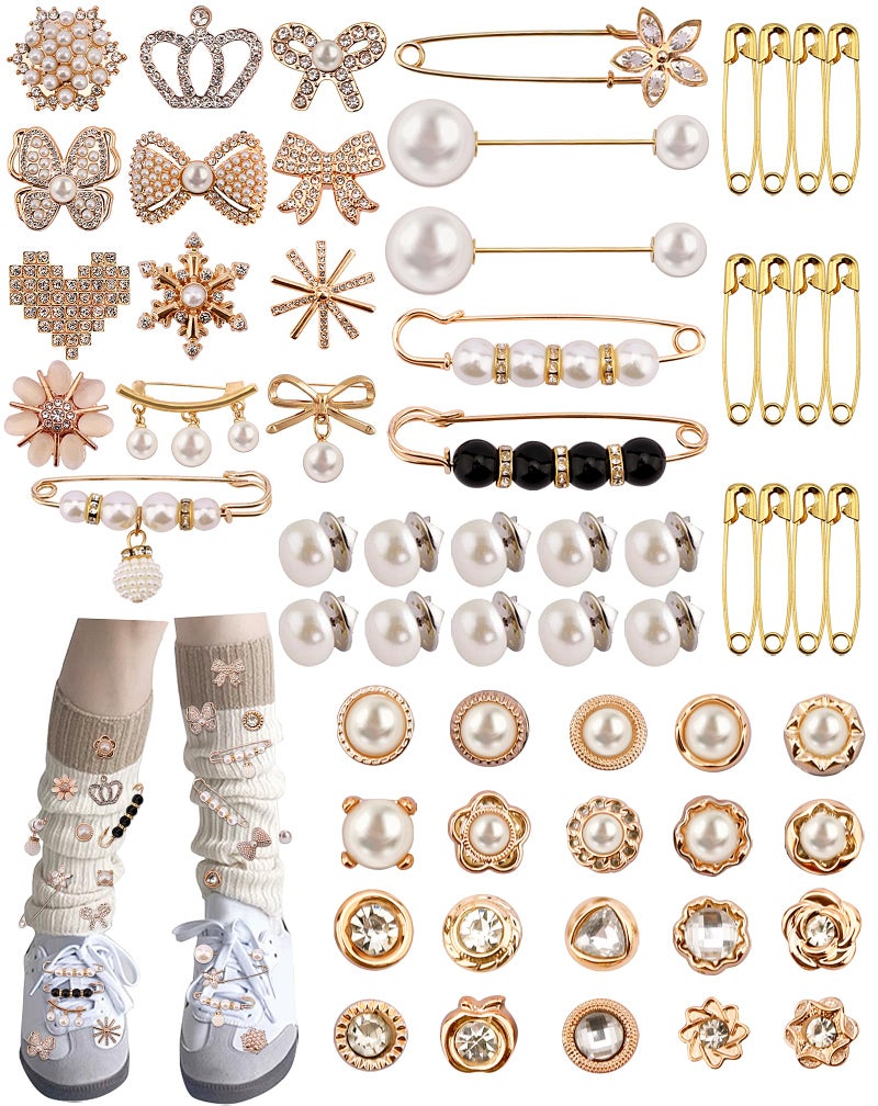 Yawlsow 60 Pcs Charms for Socks Shoe, Gold Brooches and Pins for Women, DIY Junk Sock Jewelry Pearl Brooch Shoe Charms Kit for Clothes Sneakers Bulk Bling Button Pins for Hat Scarf Decoration - Image 1