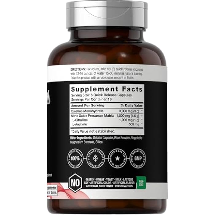 Horbäach Nitric Oxide Supplement with Creatine | 100 Capsules | L Citrulline, L Arginine, and Creatine Monohydrate | Non-GMO, Gluten Free | Berkshire Labs - Image 2