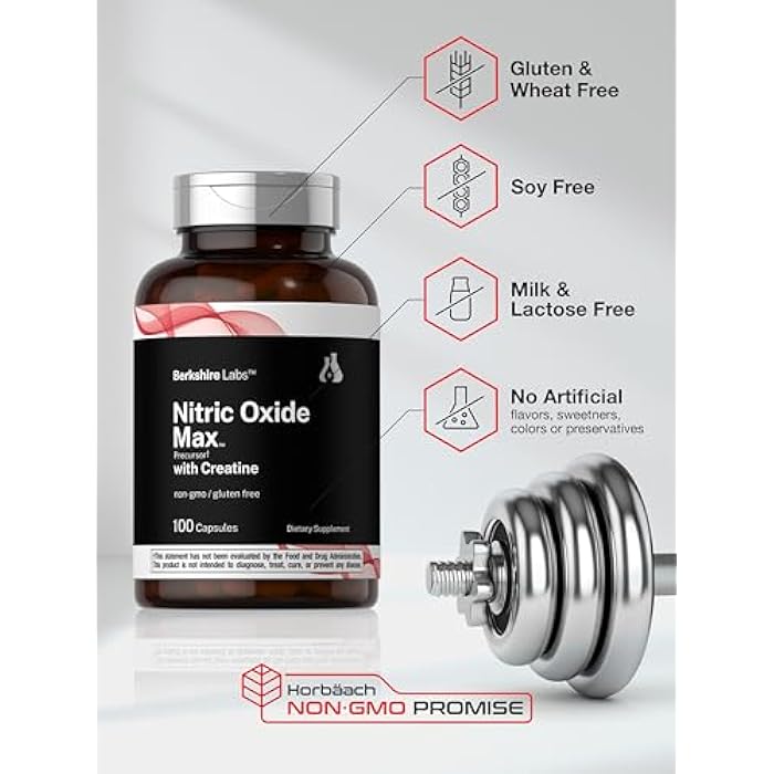 Horbäach Nitric Oxide Supplement with Creatine | 100 Capsules | L Citrulline, L Arginine, and Creatine Monohydrate | Non-GMO, Gluten Free | Berkshire Labs - Image 5
