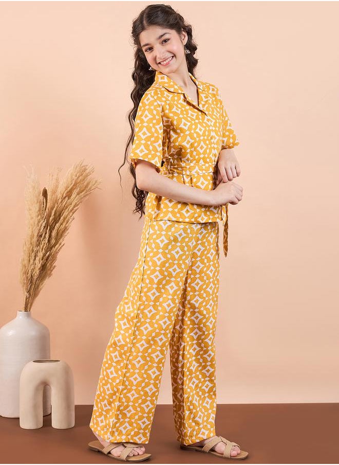 Stylo Bug Yellow Printed Collared Top & Trouser Set for Girls by Styli  - Image 4