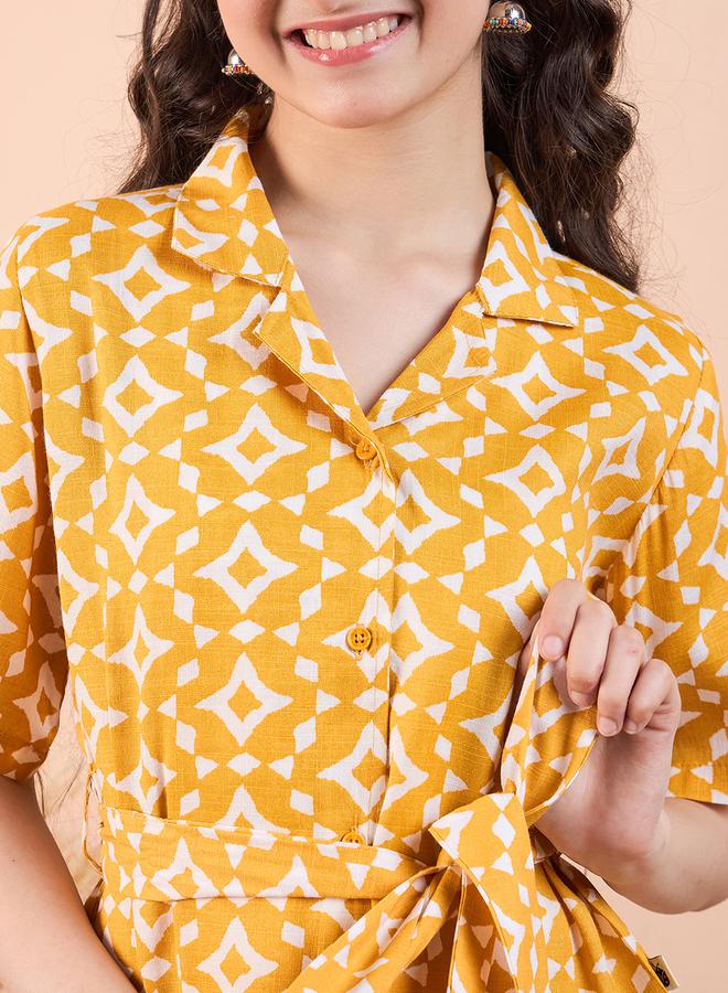 Yellow Printed Collared Top & Trouser Set for Girls by Styli