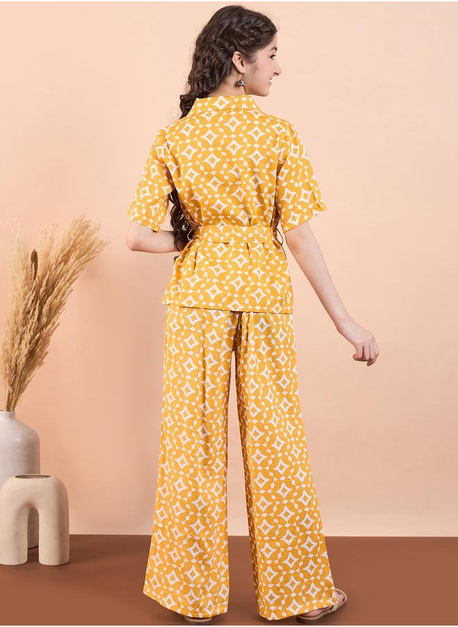 Stylo Bug Yellow Printed Collared Top & Trouser Set for Girls by Styli  - Image 5