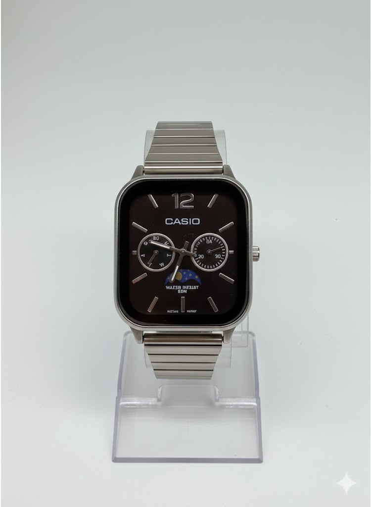 كاسيو ساعة كاسيو أنالوج مربعة للرجال/للجنسين - مينا أسود، سوار من الفولاذ المقاوم للصدأ، عرض طور القمر واليوم والتاريخ (50 متر WR) - Image 1