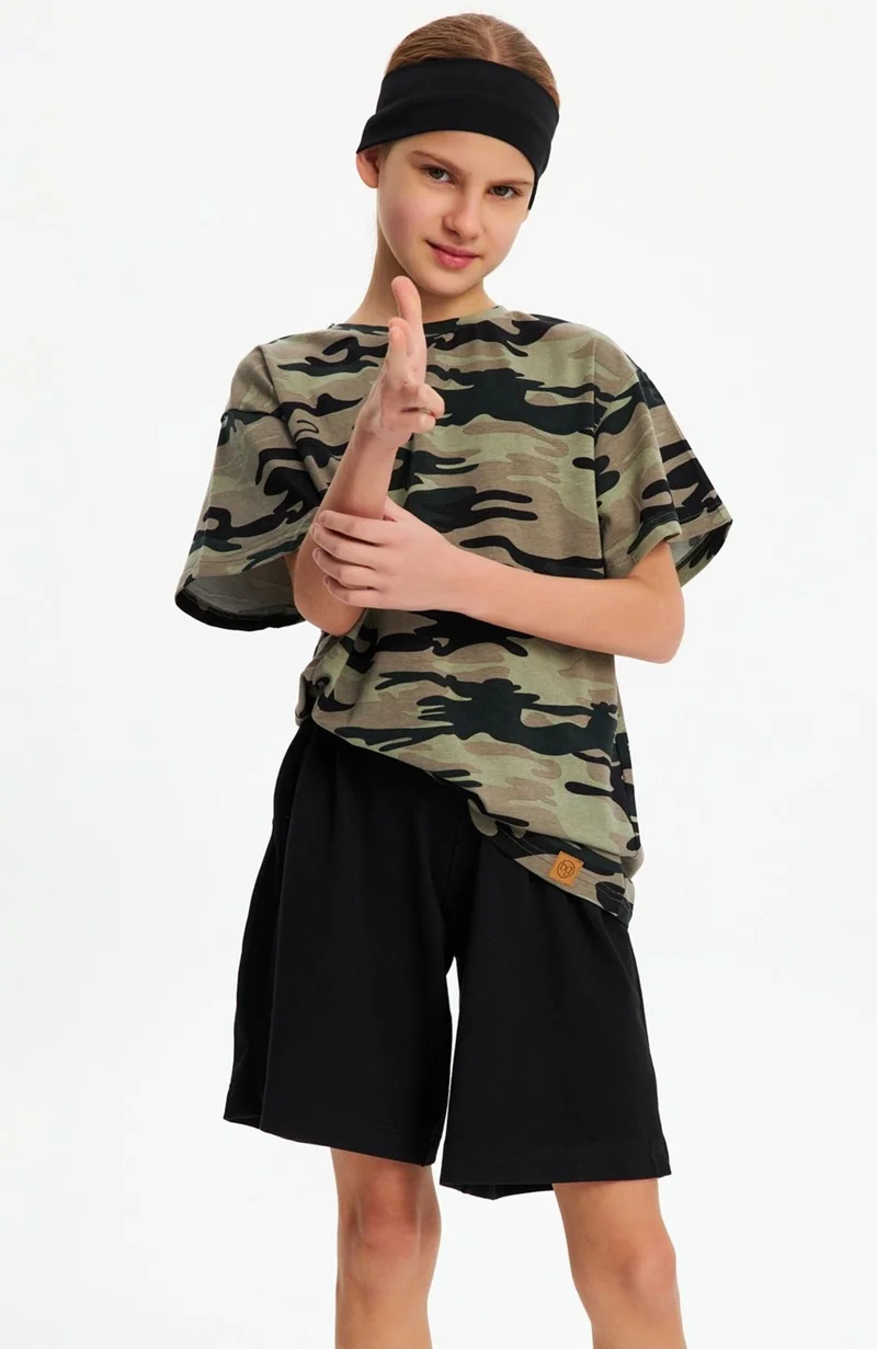 بيبيجيز Black-Camouflage Girls Cotton Combed T-Shirt Bandana Set of 2 - Sports Comfortable Best Of Collection 5