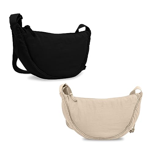 EVGLOW 2 Pcs Nylon Crescent Crossbody Bag for Women Purses Trendy Men,Small Travel Sling Bag Hobo,Lightweight Fanny Pack with Zipper Adjustable Strap,Round Shoulder Pouch Bag for Everyday Use(Beige+Black) - Image 1