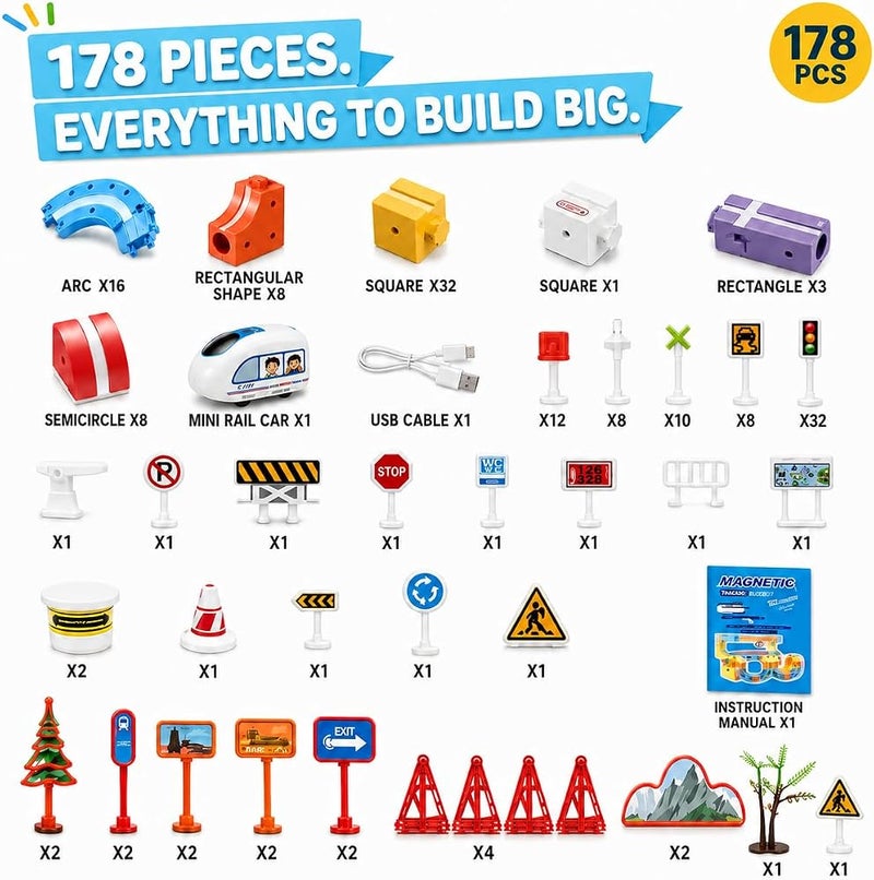 GRAFLO 178PCS Magnetic Train Building Blocks Set – STEM Educational Magnetic Tiles for Kids, Construction Stacking Toy with Train Cars, Tracks & Figures, Creative Gift for Boys & Girls Ages 3-8 - Image 3