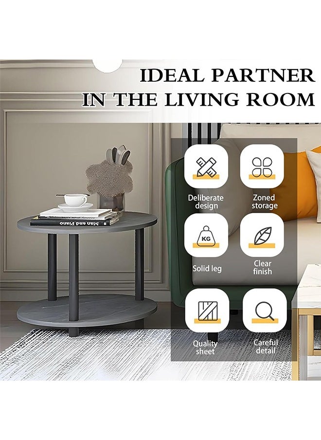 DMG TECH Living Room End Table, 2-Tier Round Coffee Table with Storage Shelf, Solid Wood Table Legs and Faux Marble Top (50 * 50 * 53cm)  - Image 4
