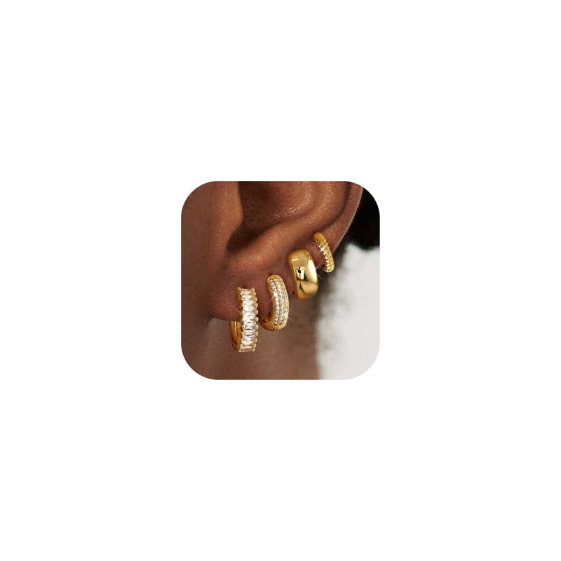 Florideco 4Pairs Small Hoop Earrings for Women Trendy 14K Gold Plated Stackable Chunky Earrings Hypoallergenic Huggie Earring Stacks Lightweight Earring Sets for Multiple Piercing(Twisted-G) - Image 1