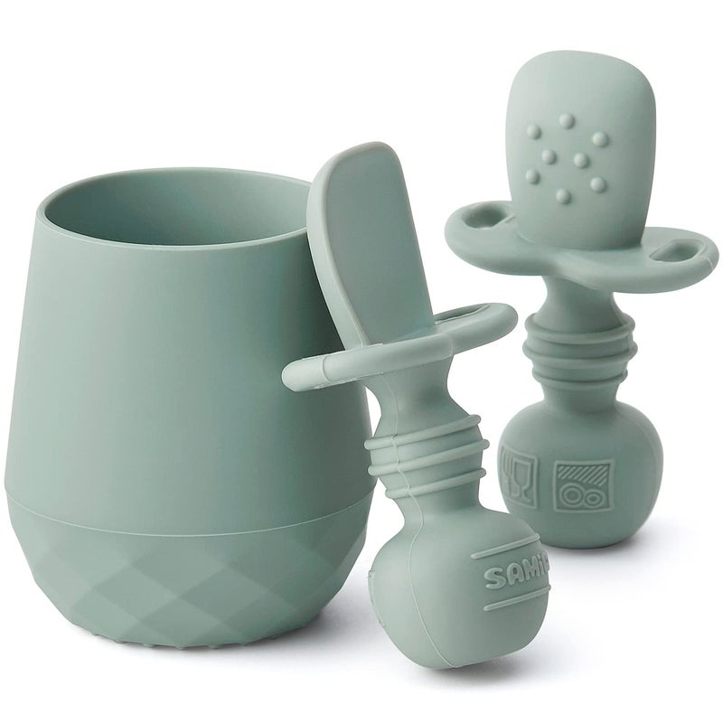 SAMiGO Silicone Baby Utensils  Self Feeding Spoons and Tiny Training Cup  First Stage Baby Led Weaning Supplies for 6 Months Infants  Set of 3
