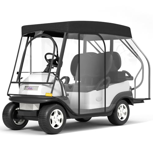 Rosefray Golf Cart Enclosure,2+2 Golf Cart Drivable Enclosure Rain Cover Short Roof 58" EZGO, Club Car- Durable Door Zipper - (4 Seater Golf Cart Cover) 4-Sided Clear Windows-Black - Image 1
