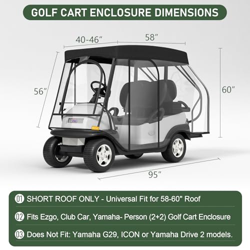 Rosefray Golf Cart Enclosure,2+2 Golf Cart Drivable Enclosure Rain Cover Short Roof 58" EZGO, Club Car- Durable Door Zipper - (4 Seater Golf Cart Cover) 4-Sided Clear Windows-Black - Image 2