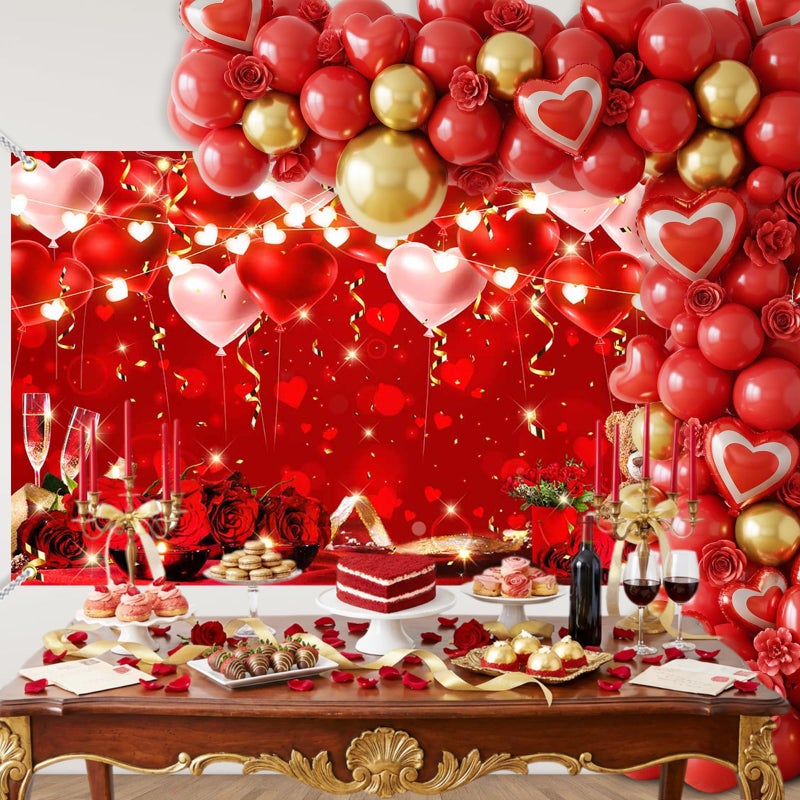 Mocsicka Happy Valentines Day Banner Backdrop Red Roses Valentine's Day Decorations Love Hearts Valentines Day Banner Photo Background Party Supplies 70.8 x 43.3 Inch - Image 2