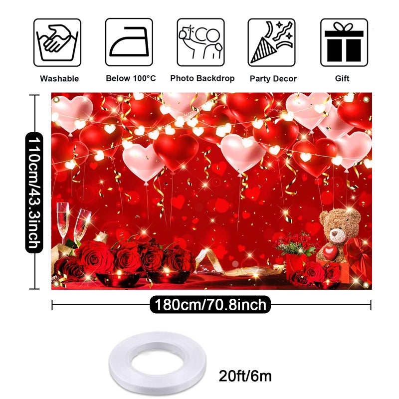 Mocsicka Happy Valentines Day Banner Backdrop Red Roses Valentine's Day Decorations Love Hearts Valentines Day Banner Photo Background Party Supplies 70.8 x 43.3 Inch - Image 4