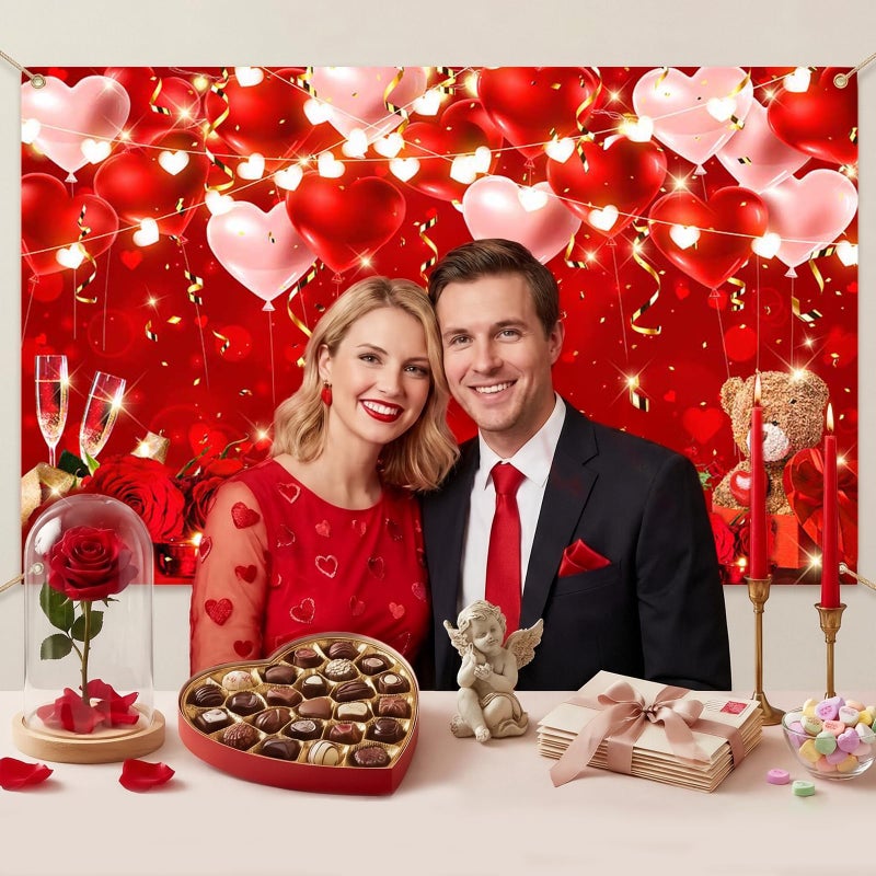 Mocsicka Happy Valentines Day Banner Backdrop Red Roses Valentine's Day Decorations Love Hearts Valentines Day Banner Photo Background Party Supplies 70.8 x 43.3 Inch - Image 3
