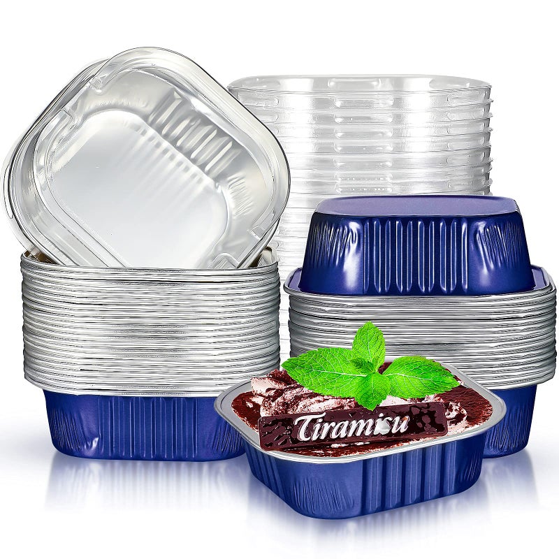 Geiserailie Geiserailie 40 Sets Square Aluminum Foil Cake Pan 130 ml 44 Ounces Mini Disposable Dessert Cupcake Cup Pan with Lids Flan Baking Cups for Wedding Birthday PartyDark Blue 