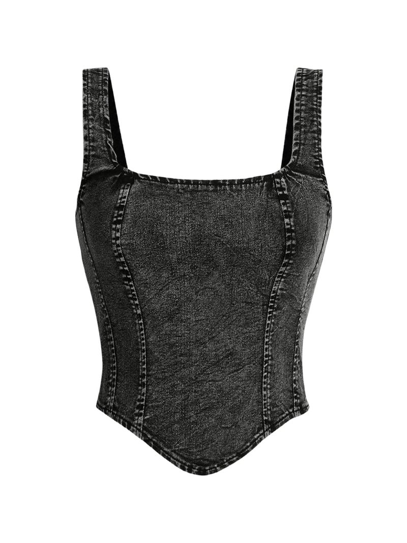 WDIRARA Women's Denim Corset Tank Top Asymmetrical Hem Crop Tops Sleeveless Zip Up Back Tanks Black Small - Image 1