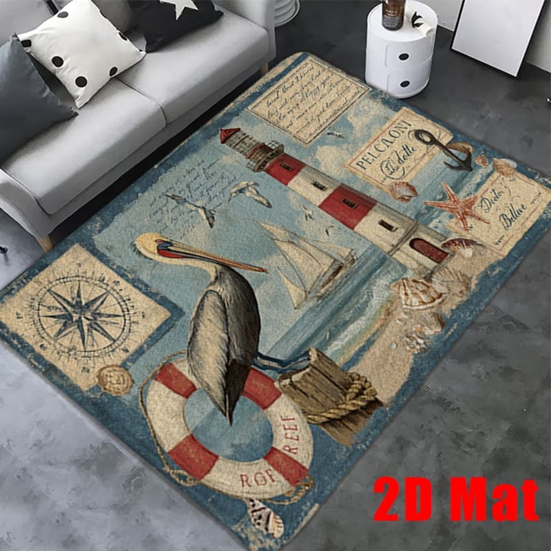 2D Flat 1PC Nautical Non Slip Bath Rug 15.7 X 23.6 Inch With Vintage Pelican Lighthouse Sailboat Compass And Seashells Design Soft Thick Flannel Machine Washable Indoor Outdoor Shower Mat For Beach Houses Bathrooms - Image 1
