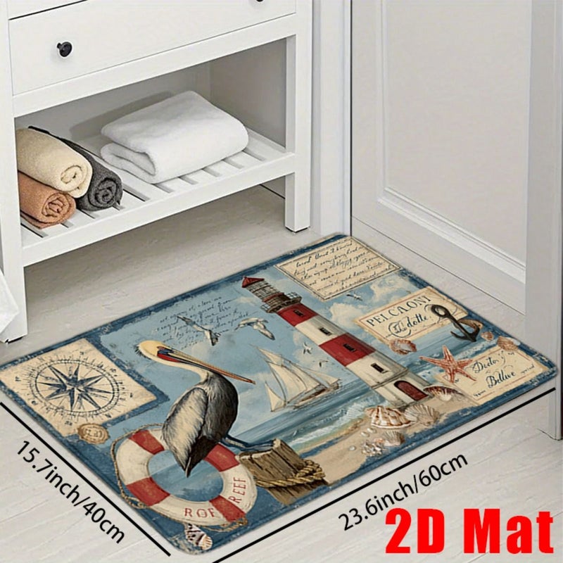 2D Flat 1PC Nautical Non Slip Bath Rug 15.7 X 23.6 Inch With Vintage Pelican Lighthouse Sailboat Compass And Seashells Design Soft Thick Flannel Machine Washable Indoor Outdoor Shower Mat For Beach Houses Bathrooms - Image 3