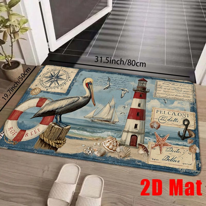 2D Flat 1PC Nautical Non Slip Bath Rug 15.7 X 23.6 Inch With Vintage Pelican Lighthouse Sailboat Compass And Seashells Design Soft Thick Flannel Machine Washable Indoor Outdoor Shower Mat For Beach Houses Bathrooms - Image 5