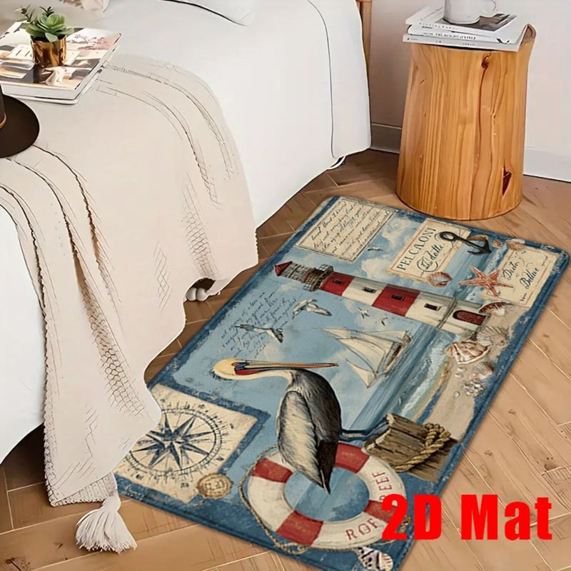 2D Flat 1PC Nautical Non Slip Bath Rug 15.7 X 23.6 Inch With Vintage Pelican Lighthouse Sailboat Compass And Seashells Design Soft Thick Flannel Machine Washable Indoor Outdoor Shower Mat For Beach Houses Bathrooms - Image 2