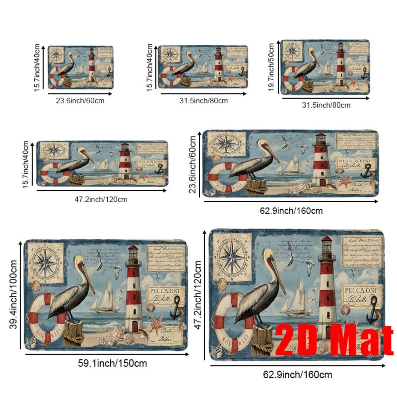 2D Flat 1PC Nautical Non Slip Bath Rug 15.7 X 23.6 Inch With Vintage Pelican Lighthouse Sailboat Compass And Seashells Design Soft Thick Flannel Machine Washable Indoor Outdoor Shower Mat For Beach Houses Bathrooms - Image 4