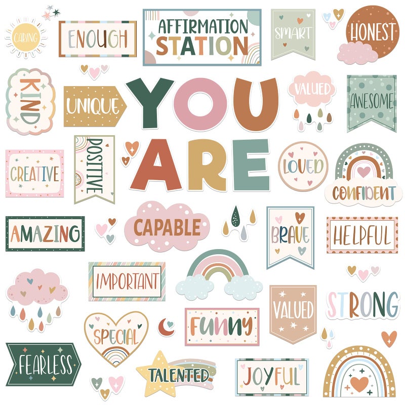 Weekgrat 45pcs Boho Affirmation Station Bulletin Board Set Motivational Posters Classroom Mirror Growth Mindset Decor Positive Affirmations Accents Cutouts for School Office Home Teacher Wall Supply - Image 1